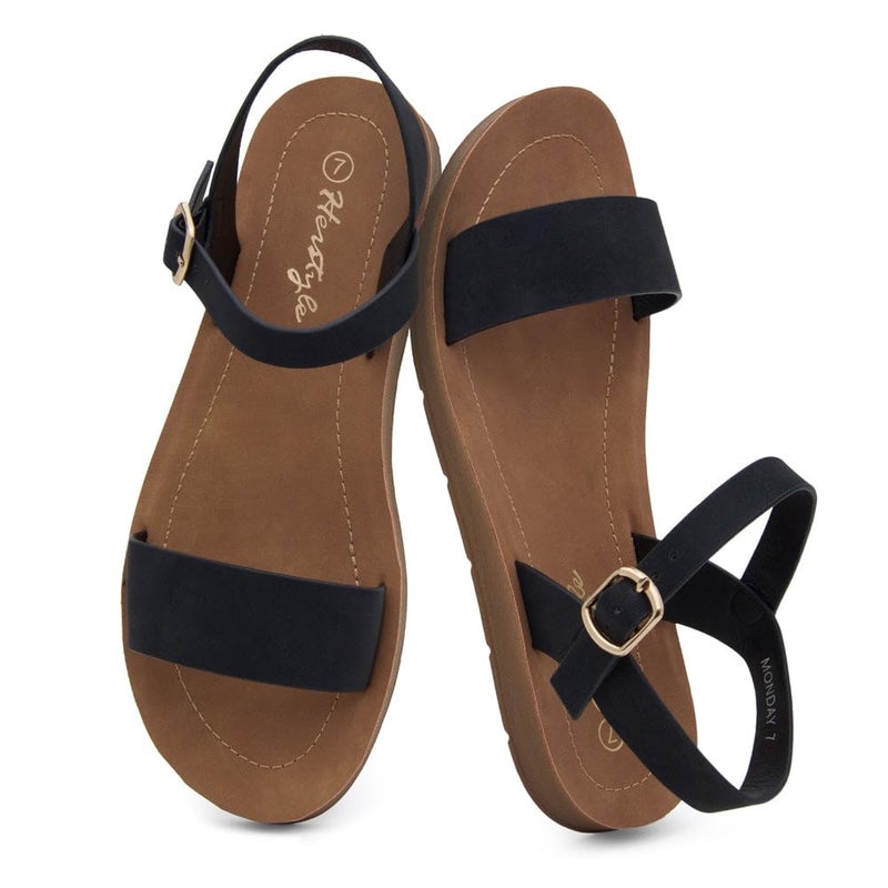 Herstyle Flat Sandals for Women â€“ Open Toe One Band Ankle Strap Summer Dressy Sandals, Lightweight Casual Strappy Slip-On Flats with Adjustable Buckle, Black, Size 6.0, Monday - Image 2
